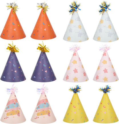 12 PCS Party Hats, Birthday Paper Cone Hat with Glitter Pompoms, Paper Party Headwear for Adults Kids Celebration
