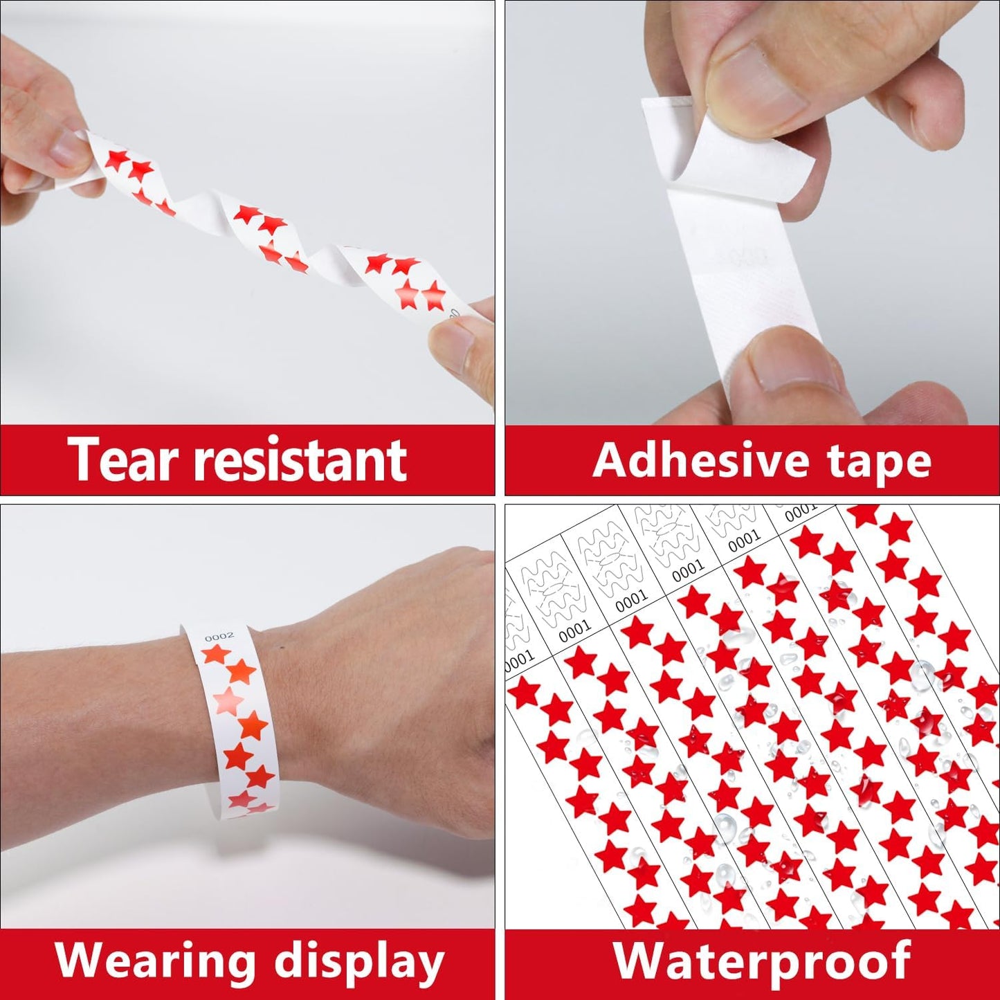 500 Pcs Stars Paper Wrist Bands for Events Waterproof Wristbands Lightweight Festival Identification Bracelets Neon Adhesive Event Arm Bands for Party（Red）