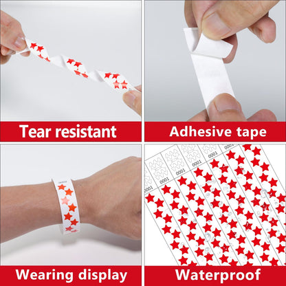 500 Pcs Stars Paper Wrist Bands for Events Waterproof Wristbands Lightweight Festival Identification Bracelets Neon Adhesive Event Arm Bands for Party（Red）