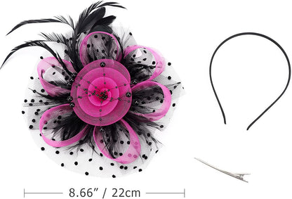 DRESHOW Fascinators Hat Flower Mesh Ribbons Feathers on a Headband and a Clip Tea Party Headwear for Girls and Women - Colors A
