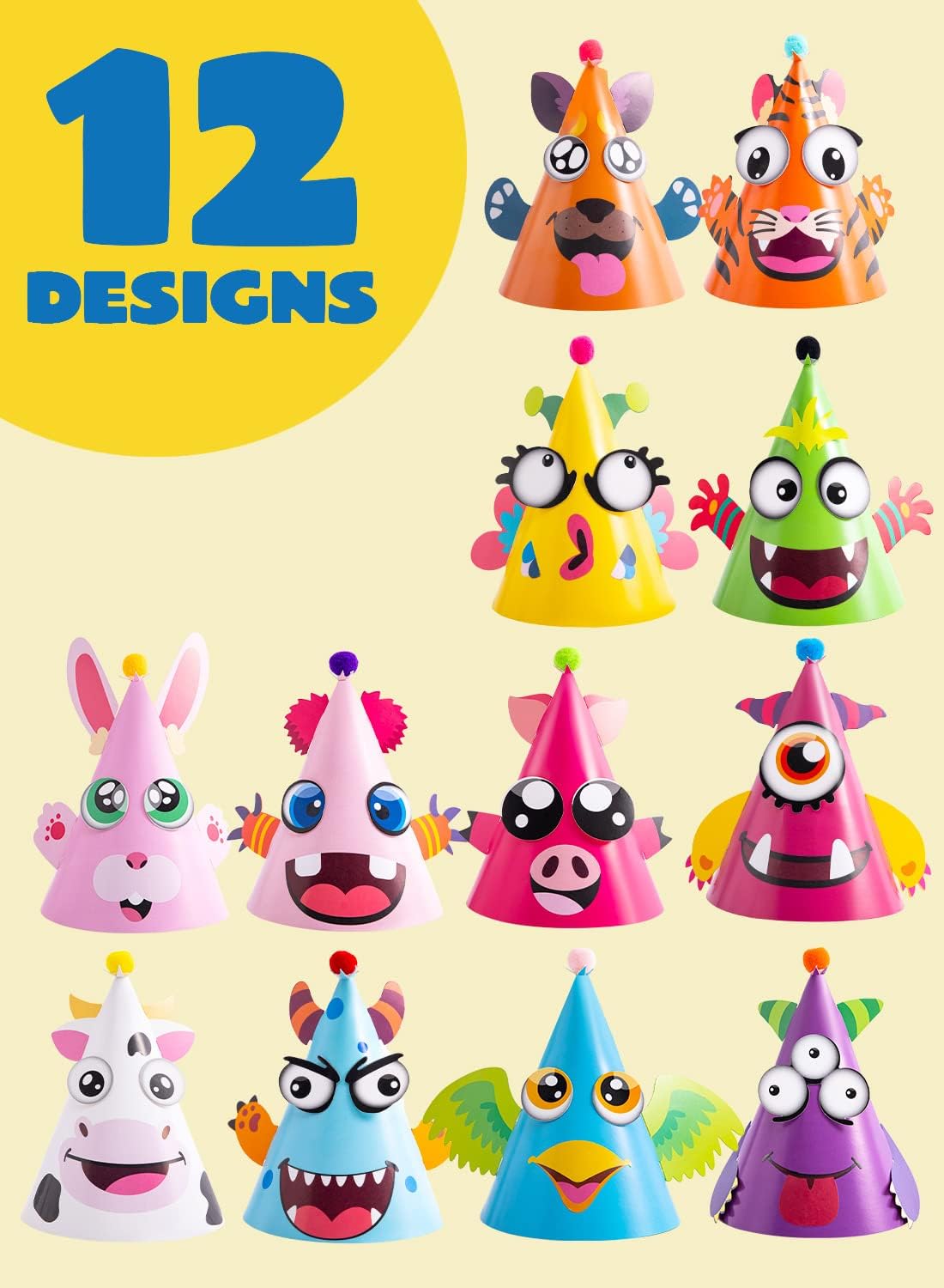 JOYIN 12 Sets Party Hats for Kids Birthday Party Games Craft Activities, Cute Animal Theme Birthday Hats Activity Kits with Stickers for Kids Holiday Theme Party Favors