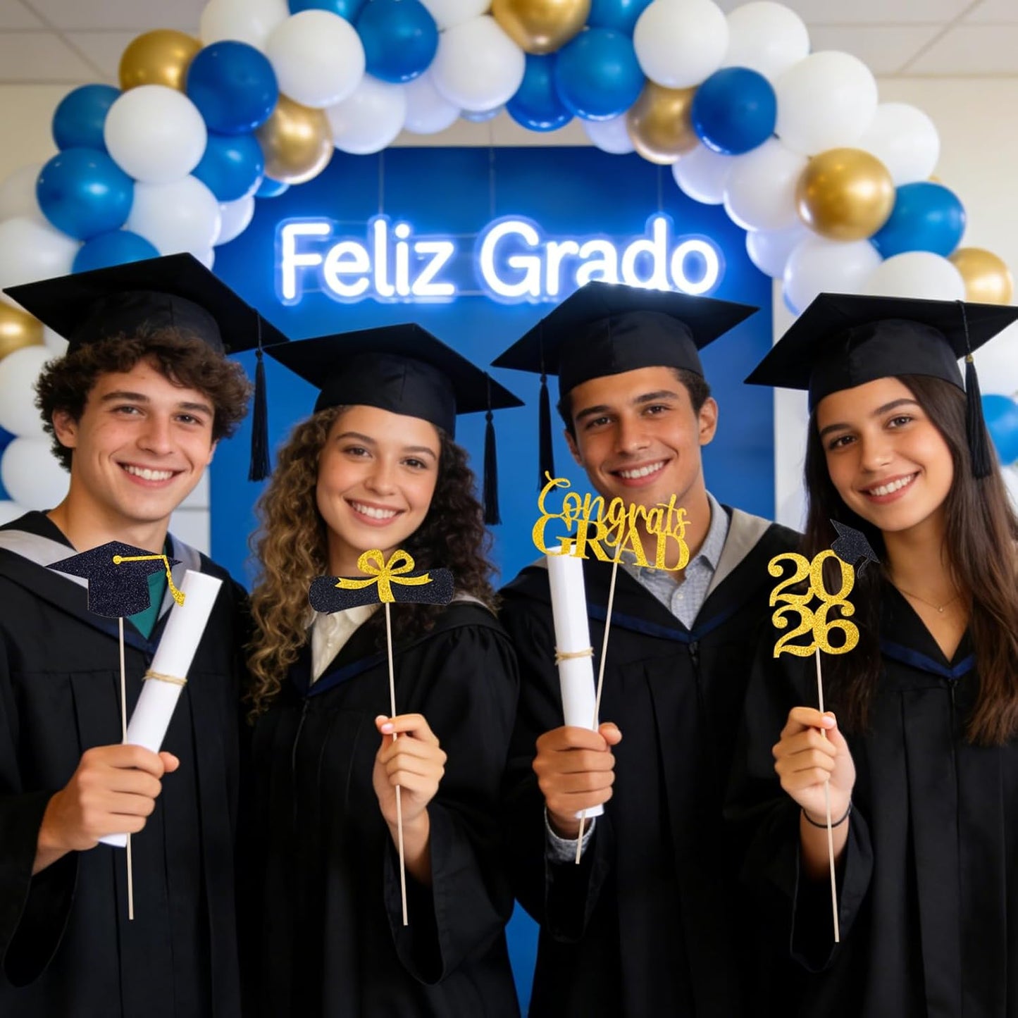 Graduation Decorations 2026, 16pcs Graduation Centerpieces for Table, Gold and Black Graduation Table Centerpieces Toppers, Class of 2026 Graduation Party Decorations Double Sided