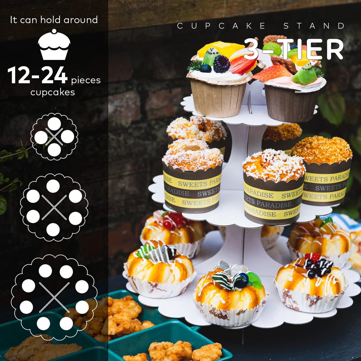 White Cupcake Stand Tower, 3-Tier Cardboard Dessert Display with Heart Handle,Perfect for Birthday Baby Shower Wedding Tea Party Graduation, Easy 60-Second Assembly, Holds 12+Cupcakes (1-Pack)