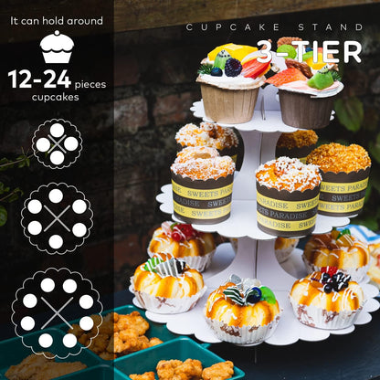 White Cupcake Stand Tower, 3-Tier Cardboard Dessert Display with Heart Handle,Perfect for Birthday Baby Shower Wedding Tea Party Graduation, Easy 60-Second Assembly, Holds 12+Cupcakes (1-Pack)