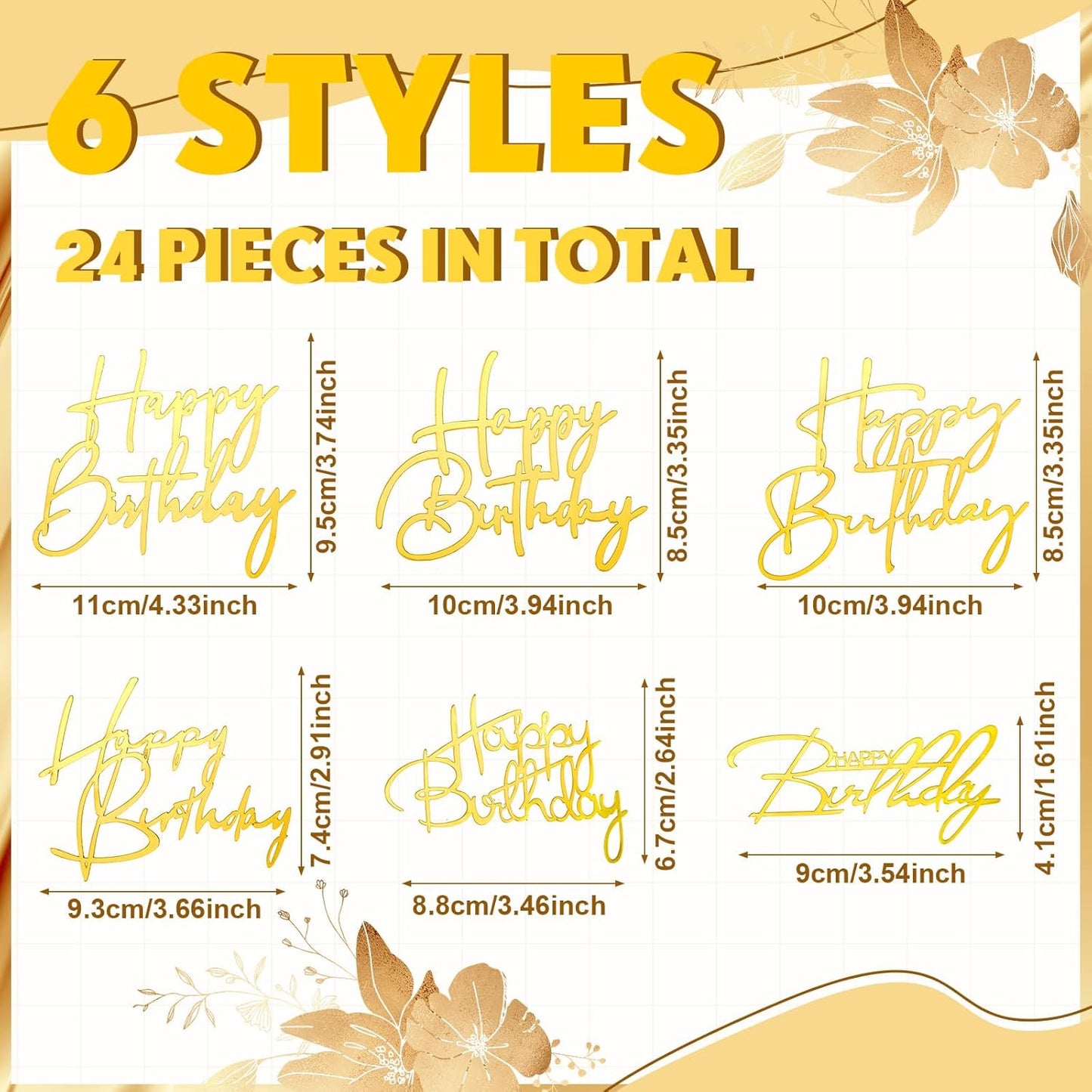 Barydat 24 Pieces Gold Happy Birthday Cake Toppers Mirror Acrylic Cupcake Topper Happy Birthday Sign for Cake Side Cupcake Decorations, 6 Styles