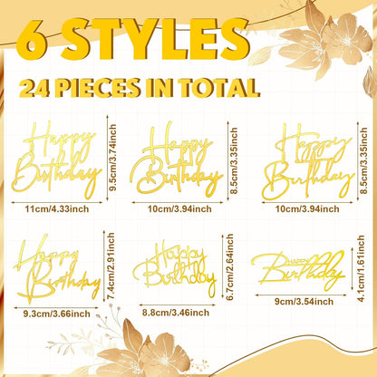 Barydat 24 Pieces Gold Happy Birthday Cake Toppers Mirror Acrylic Cupcake Topper Happy Birthday Sign for Cake Side Cupcake Decorations, 6 Styles