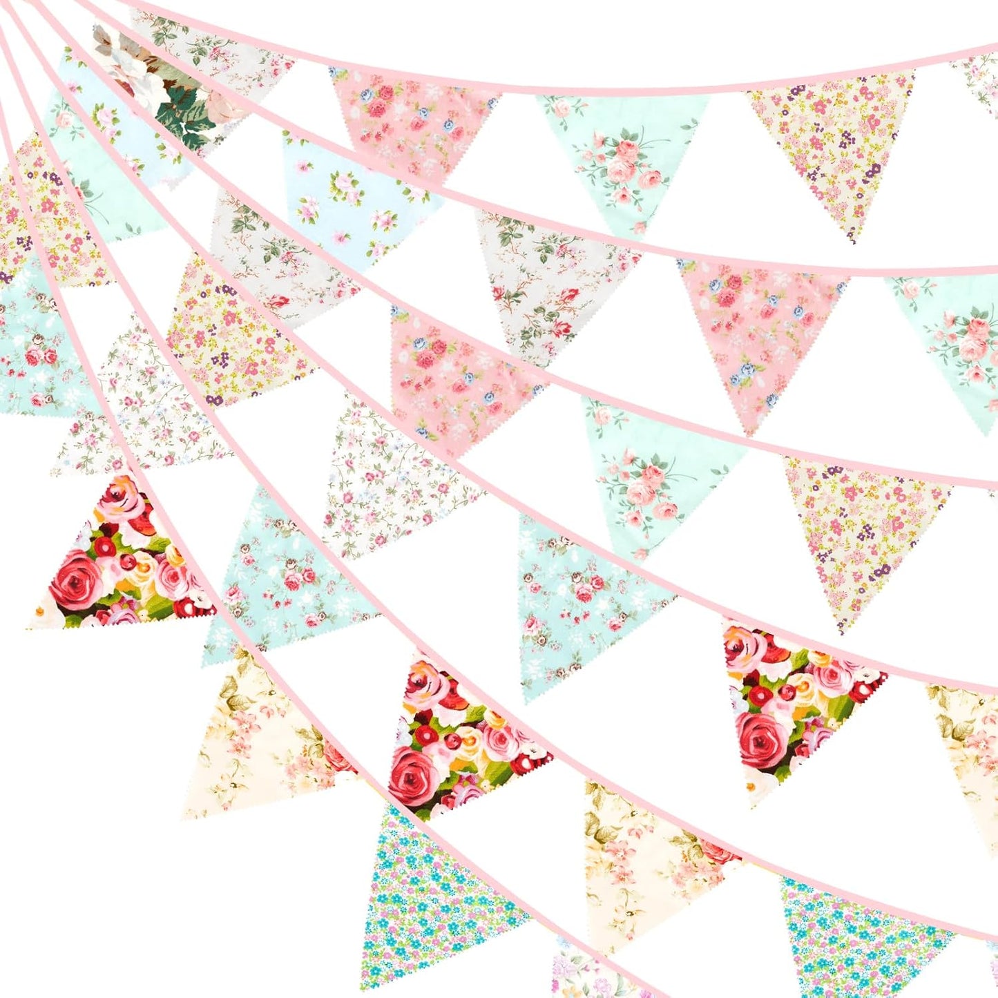 G2PLUS 39Ft Triangle Bunting Banner, 42Pcs Pink Floral Garland Pennant Banner, Reusable Cotton Triangle Flags Party Decoration for Birthday, Wedding, Garden Tea Party, Baby Shower, Room Decor