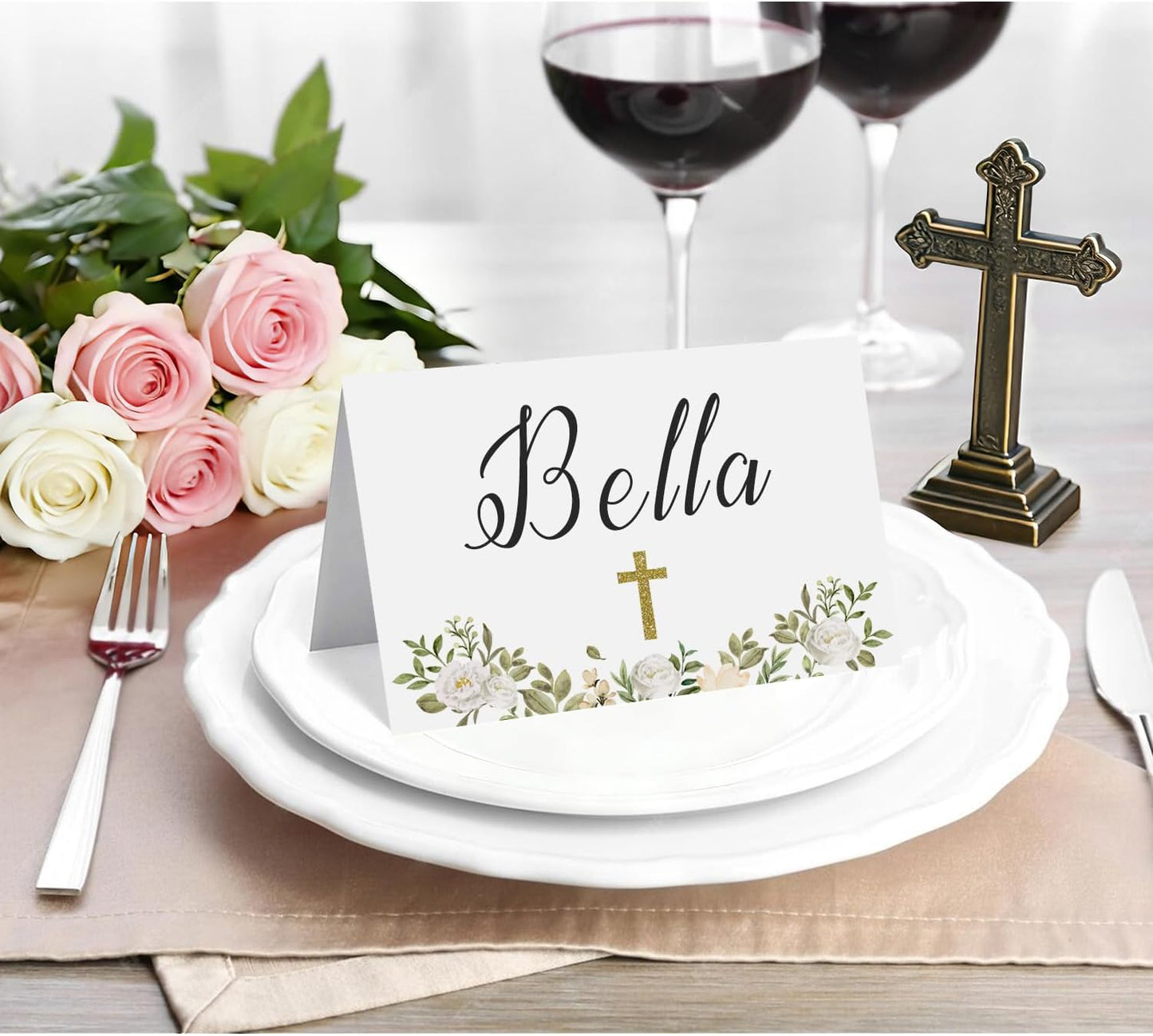 24 Pcs Baptism Place Cards, Baptism Themed Buffet Food Labels and Tent Name Cards for Newborn Baby Shower Party Table Setting Decorations Supplies (White)