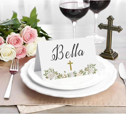 24 Pcs Baptism Place Cards, Baptism Themed Buffet Food Labels and Tent Name Cards for Newborn Baby Shower Party Table Setting Decorations Supplies (White)