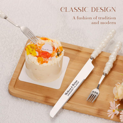 Pearl Wedding Cake Knife and Server Set with Forks, Cake Cutting Set with Stainless Steel Serrated Edges, Silver Pie Cutter Pizza Spatula, Gift for Bridal Couples Engagement (Mr & Mrs)