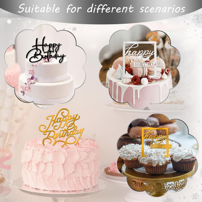 20pcs Gold Mirror Acrylic Happy Birthday Cupcake Toppers Round Engraved Cake Picks Happy Birthday Cake Toppers for DIY Birthday Gift Flower Bouquet Pastries Desserts Decor