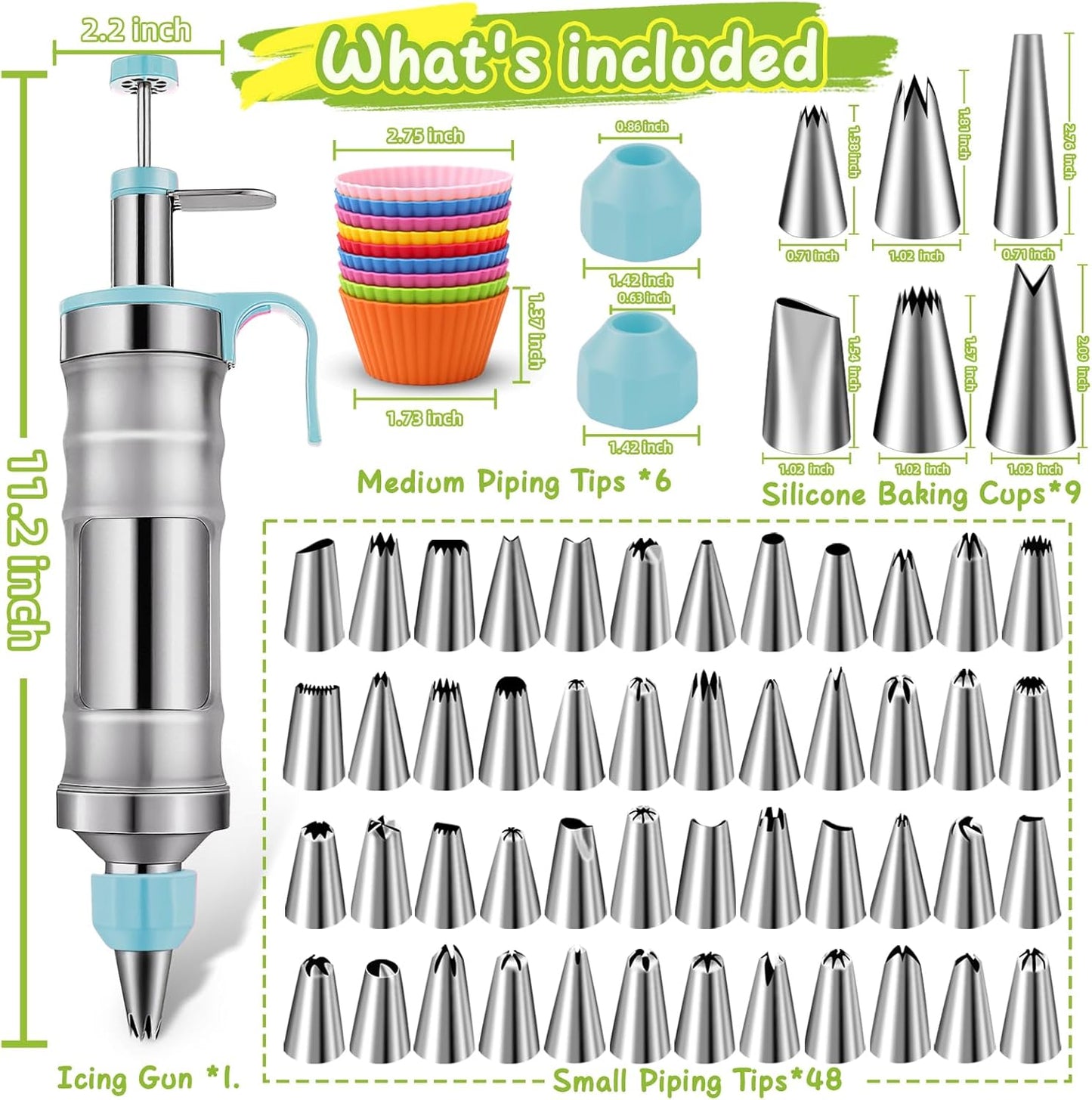 NOVANO Dessert Decorating Syringe Set, Frosting Piping Kit Stainless Steels Cake Decorating Kit with 54 Piping Tips & 9 silicone cupcakes, Cupcake Decorating Kit Piping Bags and Tips Set