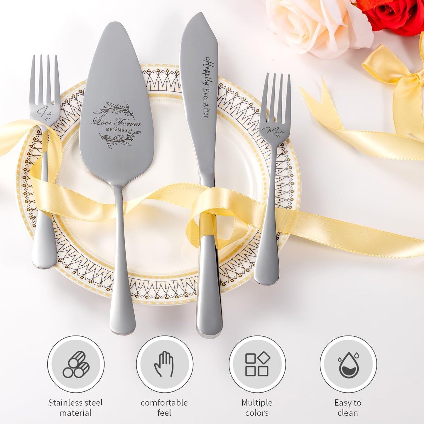 Wedding Cake Knife and Server Set of 4, Silver Cake Cutting Set for Wedding, Bridal Shower Engagement Anniversary Christmas Gifts (Silver)
