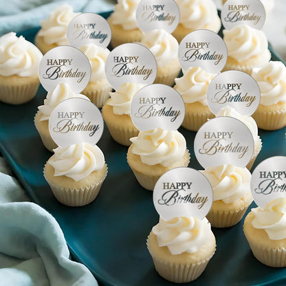 20pcs Gold Mirror Acrylic Happy Birthday Cupcake Toppers Round Engraved Cake Picks Happy Birthday Cake Toppers for DIY Birthday Gift Flower Bouquet Pastries Desserts Decor