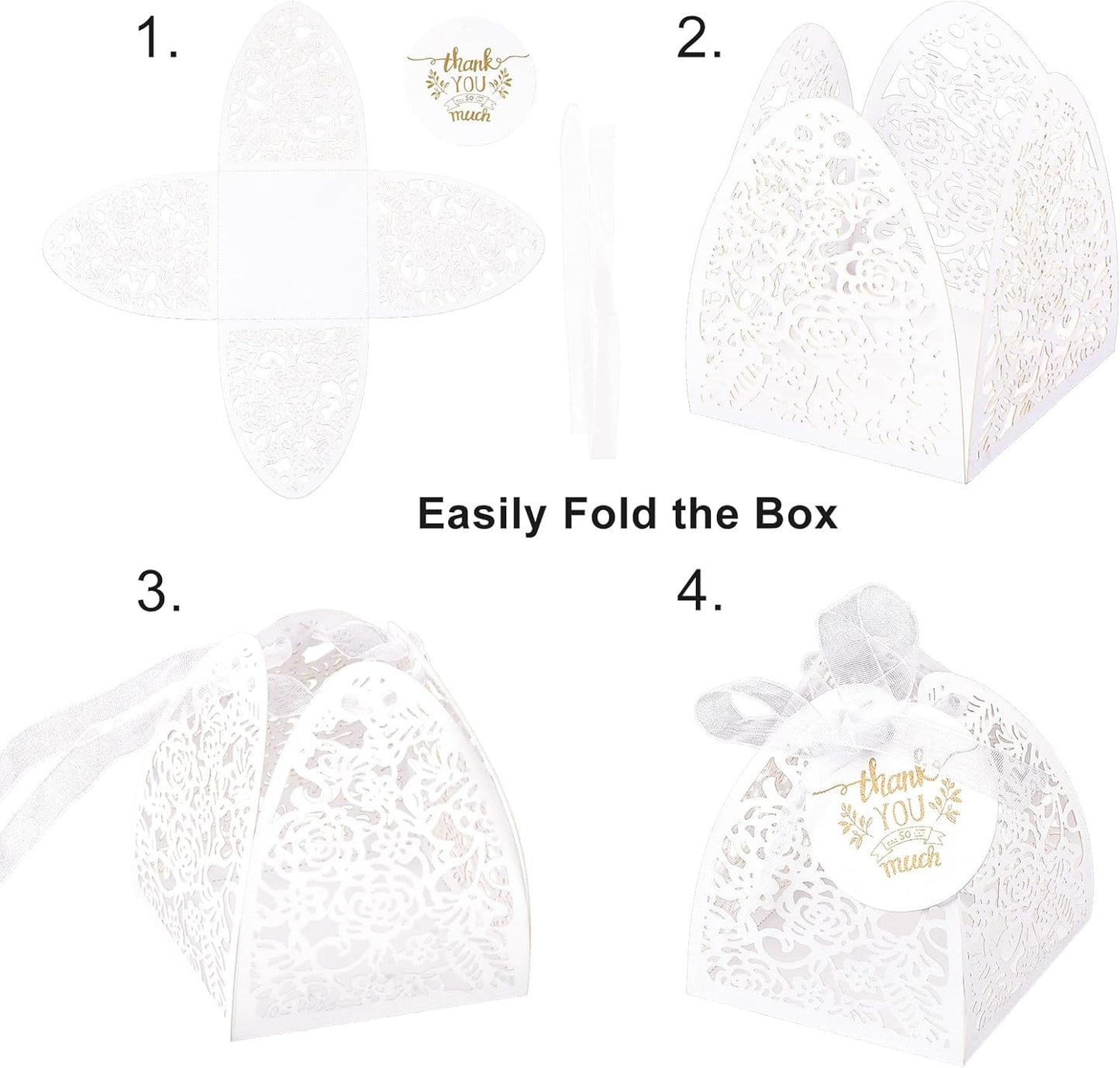 AdasBridal 50Pcs Small Gift Boxes for Party Favors, Laser Cut Candy Boxes Wedding Favor with Thank You Card Ribbons for Bridal Baby Shower Wedding Decorations (White, 2.36")