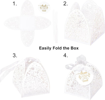 AdasBridal 50Pcs Small Gift Boxes for Party Favors, Laser Cut Candy Boxes Wedding Favor with Thank You Card Ribbons for Bridal Baby Shower Wedding Decorations (White, 2.36")