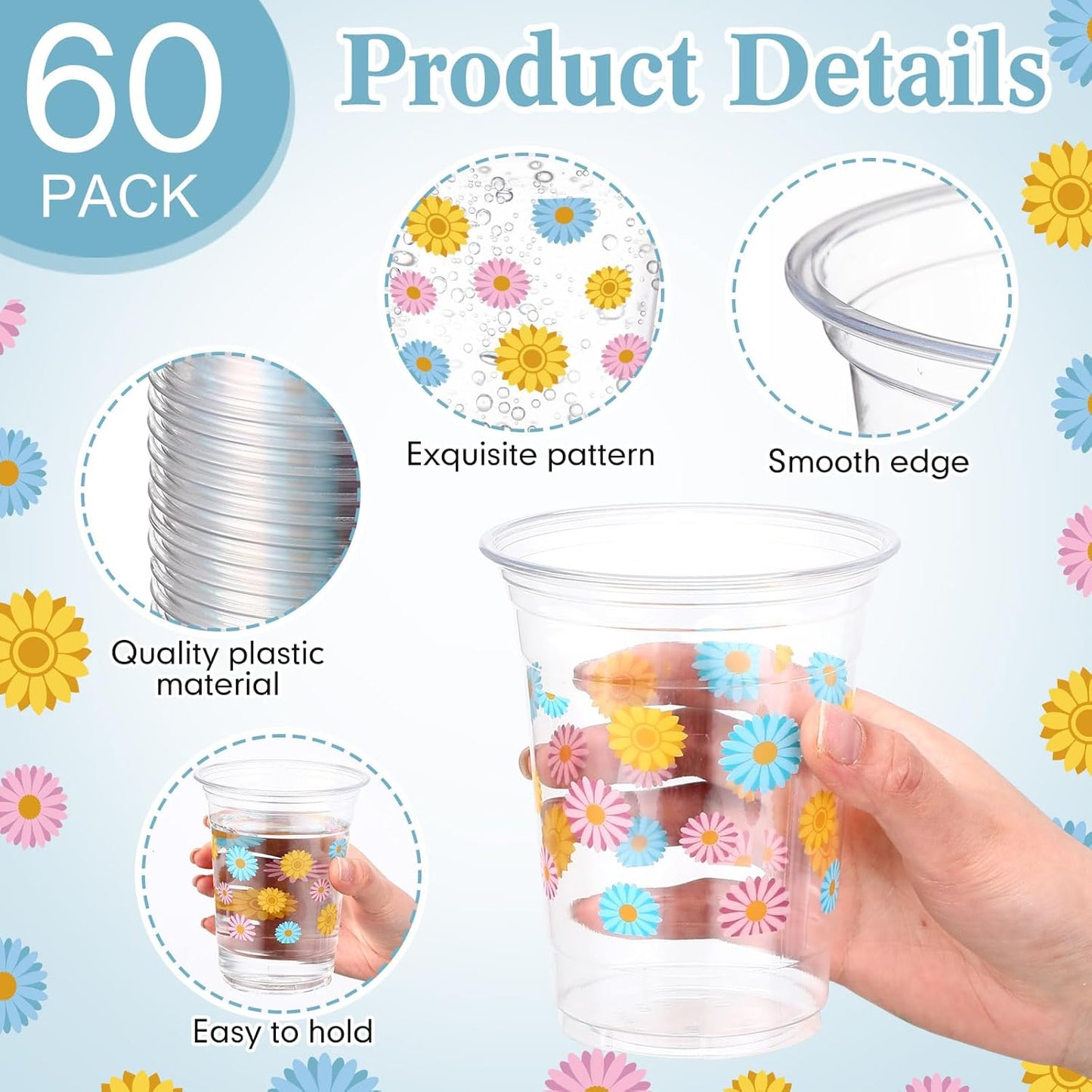Hushee 60 Pcs Purple Floral Cups with Spring Summer Flower 16 oz Wildflowers Plastic Disposable Drinking Cups for Summer Spring Birthday Baby Shower Wedding Party Supplies