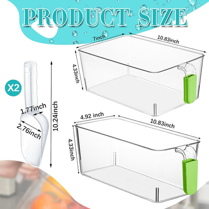 Havawish Ice Storage Bin and Flexible Scoop Set Plastic Freezer Bin with Pull Out Handle Storage Bucket Clear for Container with Scoop(Grey,10.83 x 4.92 x 4.33 in,Classic)