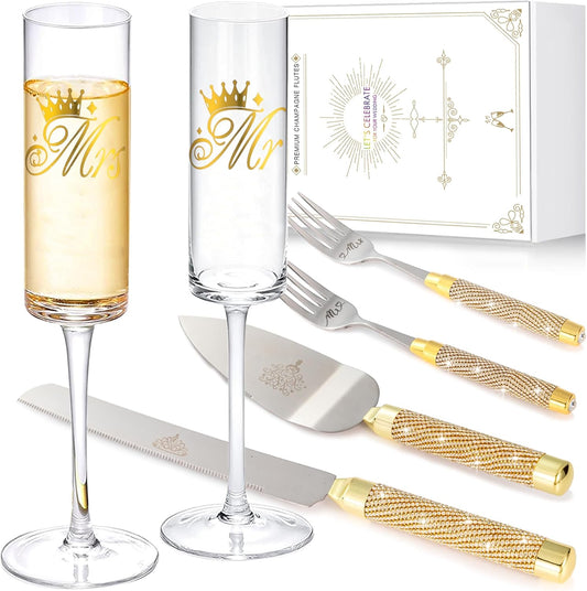 Wedding Cake Cutting Set, Champange Flutes with Cake Knife and Server Set for Bride and Groom Anniversary Engagement Bridal Shower Gifts
