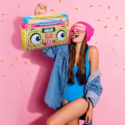 Rock and Roll Skeleton Piñata with Headphones Design Blindfold Hitting Stick Confetti for Music Themed Birthday Party (15.56 x 13.19 x 2.76 inch)
