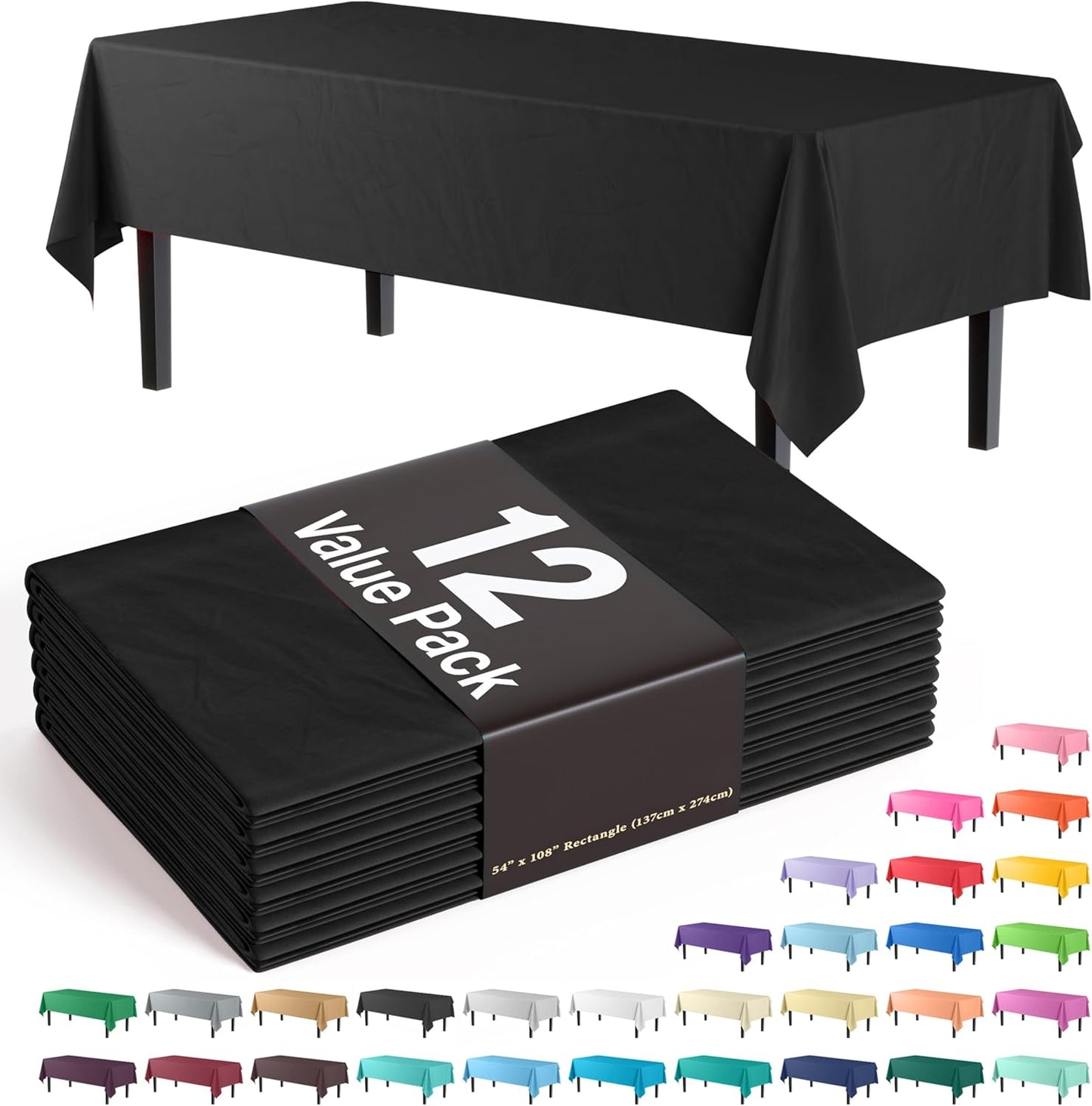 12-Pack Premium Plastic Tablecloth 54in. x 108in. Rectangle Table Cover - Dark Blue - Colors A