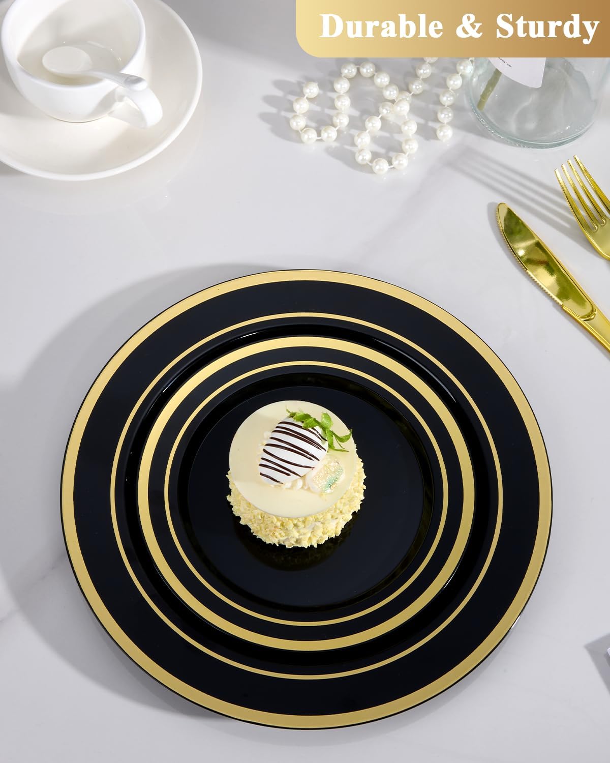 Goodluck 200PCS Gold Plastic Plates, Heavy Duty Disposable Gold Plates with 100 10.25 inch Dinner Plates and 100 7.5 inch Dessert Plates for Party, Holiday, Wedding, Thanksgiving