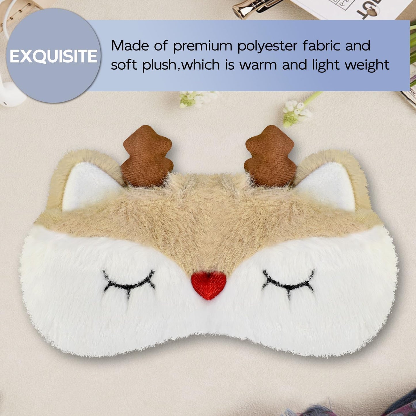 Christmas Reindeer Sleep Mask Cute Antler Eye Masks Sleeping Soft Plush Cartoon Blindfold Funny Animal Eye Cover Xmas Presents for Women Men (Xmas Reindeer,Brown)