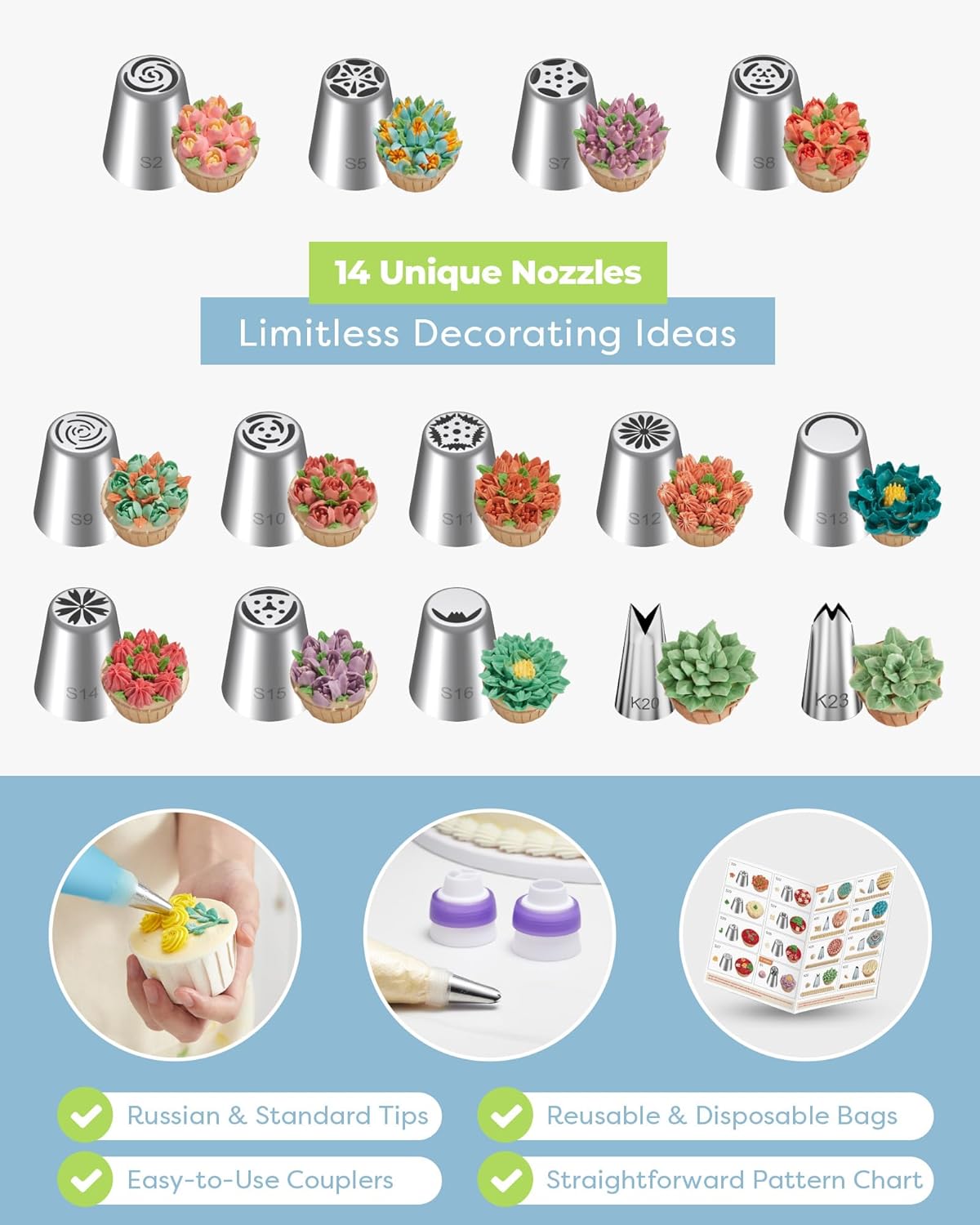 Kootek 48Pcs Russian Piping Tips Set, Piping Bags and Tips Set with 12 Russian Tips, 2 Icing Tips, 30+1 Pastry Bags, 3 Couplers for Cake Decorating, Cupcake, Cookie, Baking
