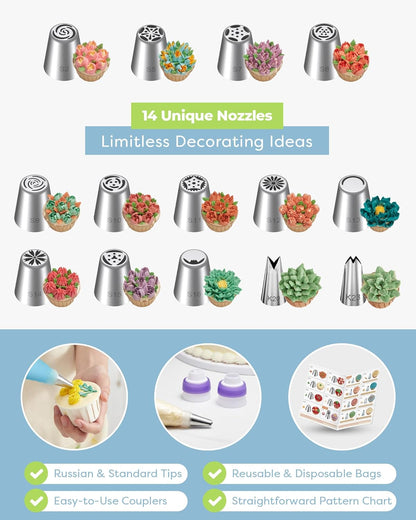 Kootek 48Pcs Russian Piping Tips Set, Piping Bags and Tips Set with 12 Russian Tips, 2 Icing Tips, 30+1 Pastry Bags, 3 Couplers for Cake Decorating, Cupcake, Cookie, Baking