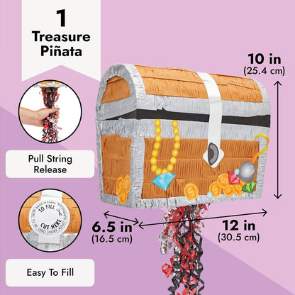 BLUE PANDA Pull String Treasure Chest Pinata - 12 x 10 x 6.5 In, Blue - Pirate Treasure Chest Birthday Pinata & Pirate Party Decoration