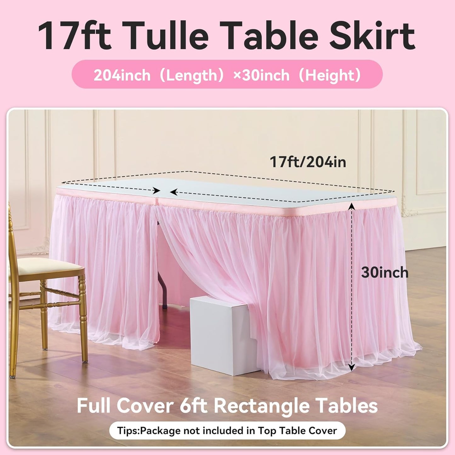 72inch Champagne Gold Tulle Table Skirts for Rectangle Round Tables, Gold Grim Ruffle Tulle Tutu Cloth Table Skirt 6ft for Wedding Birthday Party Cake Dessert Decor(No Top Cover)