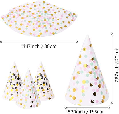 Boieo Party Hats Birthday Cone Hat for Adults Kids Gold Polka Dot Paper with Elastic String 12 pcs