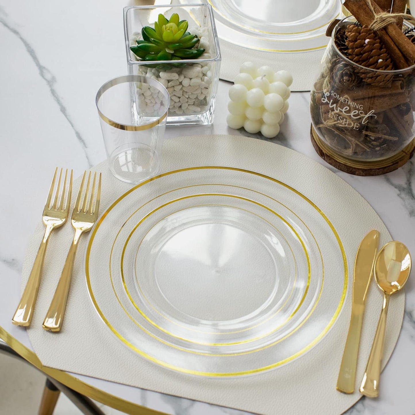 I00000 102 Pieces Gold Plastic Plates, Disposable Party Plates White Gold Rim, 51 Disposable Gold Dinner Plates 10.25 Inch and 51 Disposable Dessert Appetizer Elegant Fancy Wedding Plates 7.5 Inch