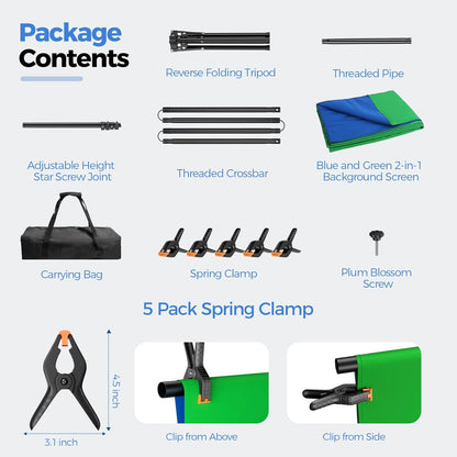 EMART Green Screen Backdrop Kit with Reverse Folding Base, 5x6.5ft Photo Greenscreen Background with Portable T-Shape Stand and 6 Clamps for Photography, Photoshoot, Studio Video Recording, Streaming