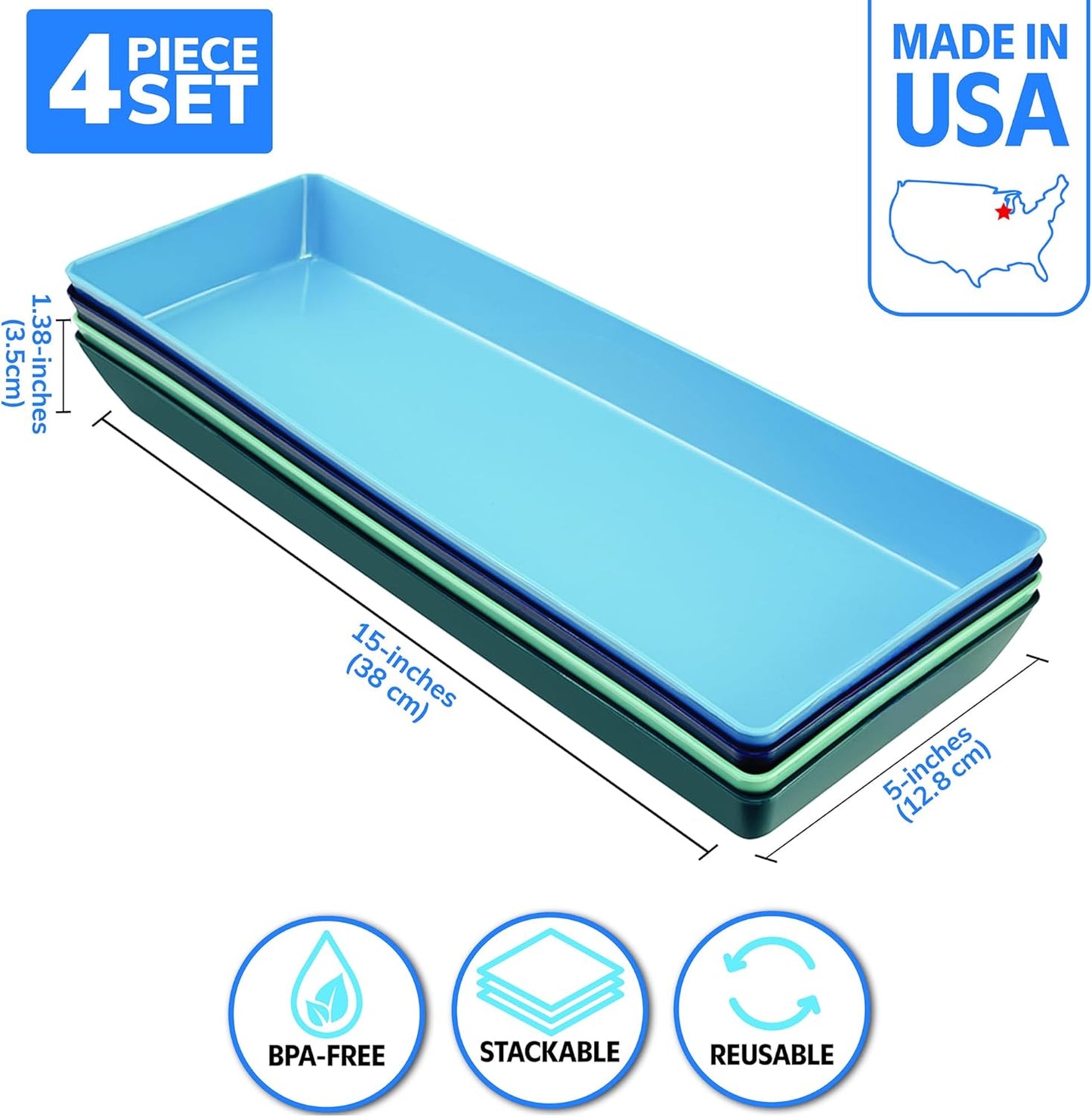 US Acrylic White Plastic Serving Trays (Set of 4) 15” x 10” | Large Unbreakable Reusable Rectangular Party Platters | Serve Appetizers, Fruit, Veggies, & Desserts | BPA-Free & Made in USA