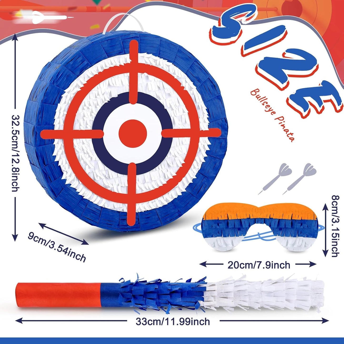Deekin 3 Pcs Dart Piñata Set Include Large Dart Gun Shooting Target Piñata with Stick Eye Mask for Kids Birthday Party Game Favors Supplies 12.8x12.8 Inch