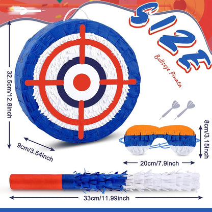Deekin 3 Pcs Dart Piñata Set Include Large Dart Gun Shooting Target Piñata with Stick Eye Mask for Kids Birthday Party Game Favors Supplies 12.8x12.8 Inch