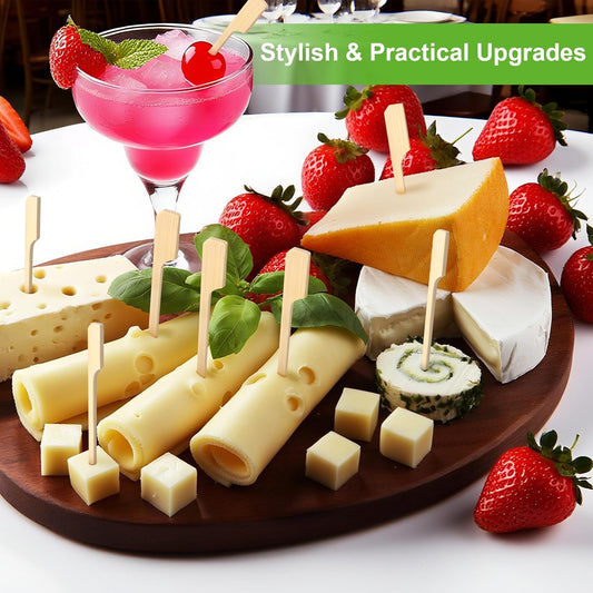300PCS Cocktail Picks Bamboo Skewers for Appetizers, FATLODA Paddle Wooden Skewers, Fancy Flat Toothpicks for Appetizers, 4.7 IN Bamboo Sticks for Party Sandwich Fruit Charcuterie Boards Accessories