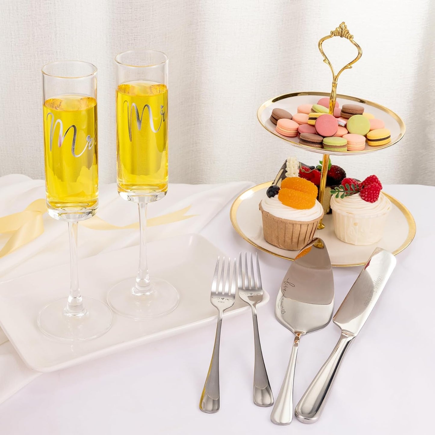 Wedding Cake Knife and Server Set, Mr and Mrs Champagne Flutes With Sliver Cake Cutting Set For Wedding Bridal Shower Gifts