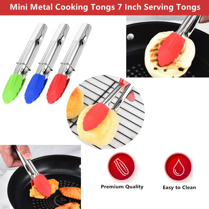 Mini Kitchen Tongs with Silicone Tips, 3-Piece Set, 7-Inch Non-Stick Tongs with Stainless Steel Silicon Handles, Heat Resistant for Cooking & Serving (Red)
