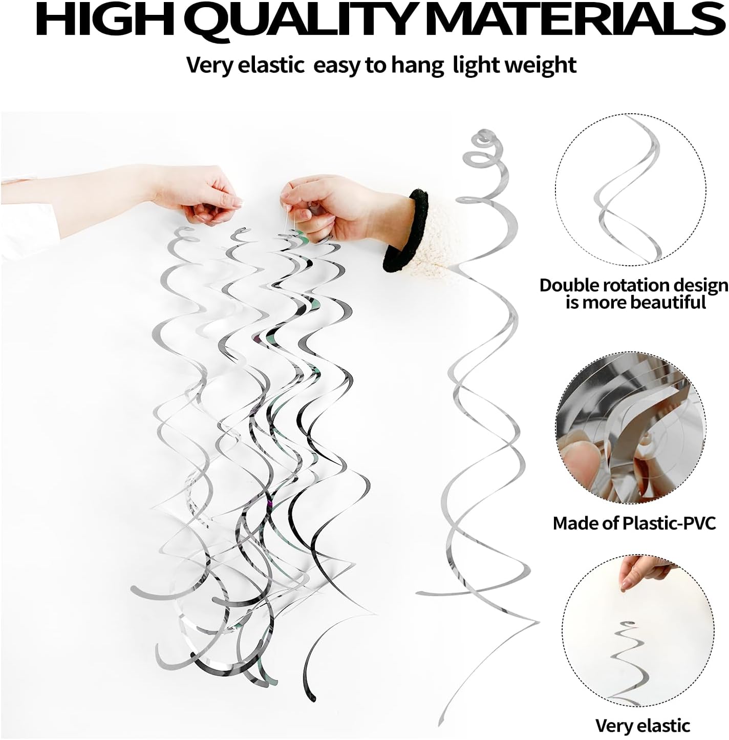30 Pieces Hanging Swirl Party Decorations Foil Decorations Ceiling Swirl Spiral Hanging Plastic Streamer for Ceiling Birthday Graduation Wedding Celebration Baby Shower Party Supply (Black)