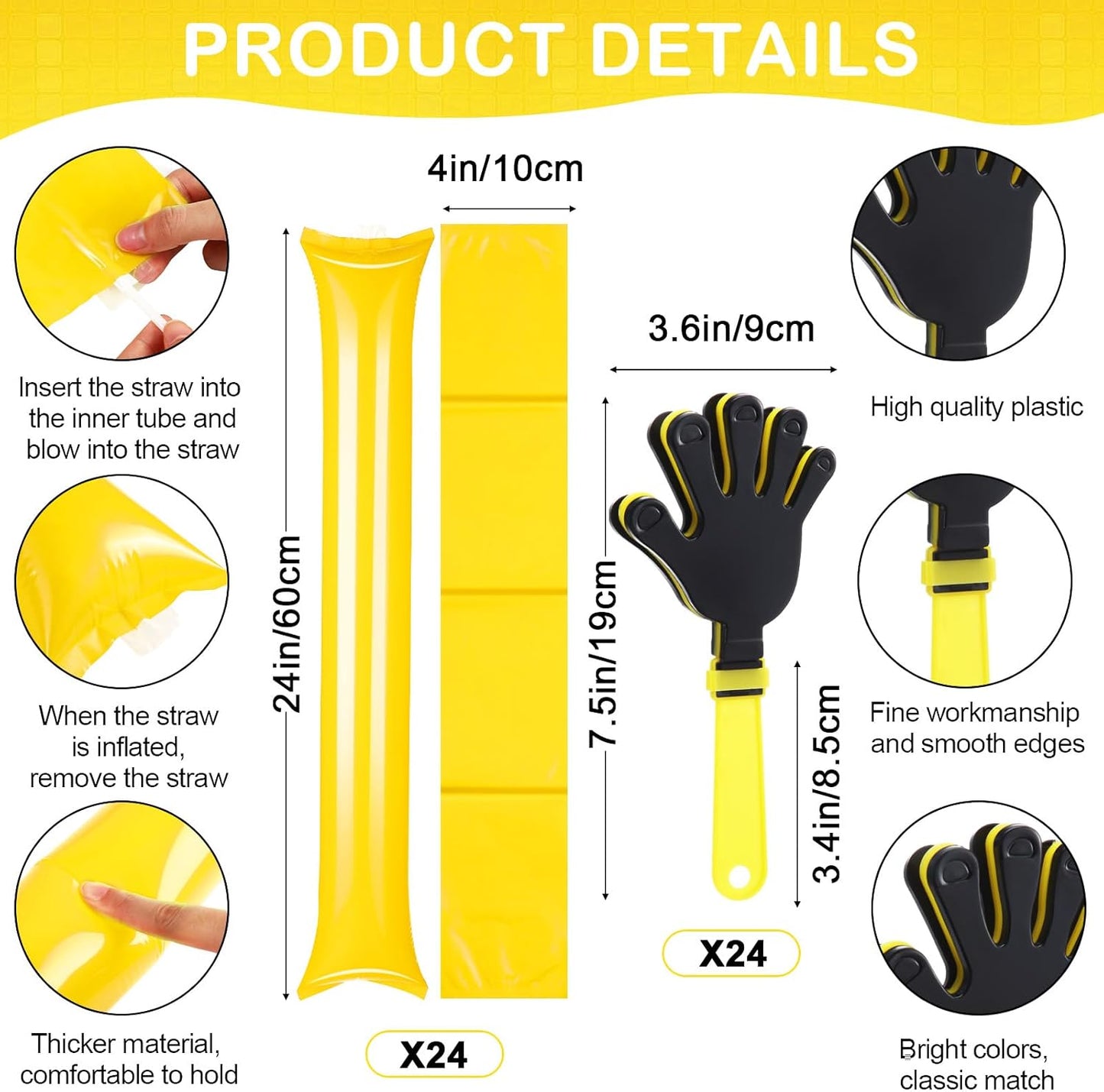 Yunsailing 96 Pcs Homecoming Noisemakers Team Spirit Accessories for Game Day Include Hand Clappers Cheerleading Pom Pom Thunder Stick Cheer Party Blower Plastic Whistle for Sport Fans(Gold)