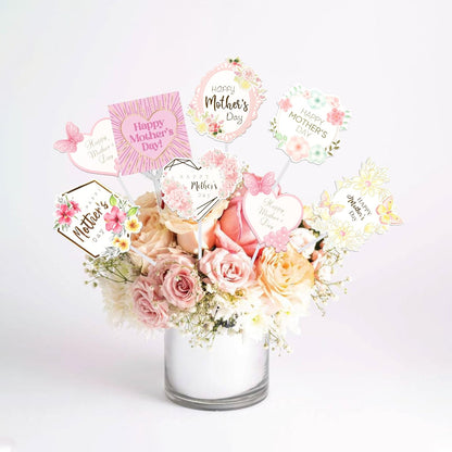 24 PCS Happy Mother's Day Cupcake Toppers with Glitter Heart Love Mother Best Mom Cupcake Picks for Happy Mother's Day Theme Women Birthday Party Cake Decorations Supplies Rose Gold