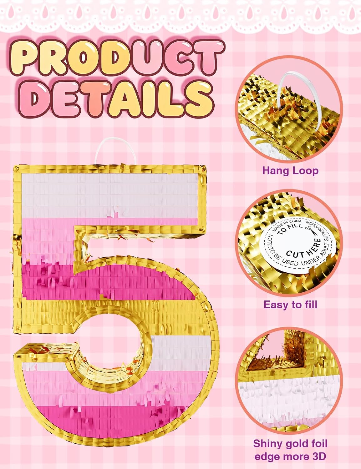 Number 5 Piñata with Stick, Blindfold & Confetti-Pink Piñata for Birthday Parties, Complete Party Game Set for Kids Girls-Gradient Pink Birthday Decor with Fillable Design(Small, 16.5 x 11.5 x 3 In)