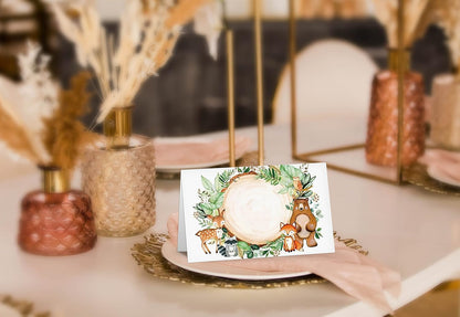 Table Place Card, Jungle Safari Animals Themed Tent Style Cards, Pack of 25 Half-Fold Reception Place Card, Gold Wild Animal Food Labels, Perfect for Baby Shower, Birthday Party C08