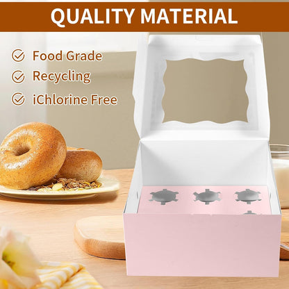 10 Packs Bento Cake and Cupcake Box 3 Holes Fit 2 Cupcakes and 1 Mini Cake Box with Clear Window and Stickers for Cake Cupcake Cookie or Easter and Mother’Day. (1+2/10pcs)