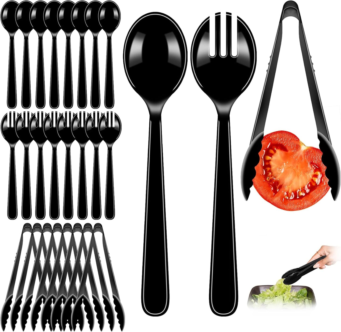 24 Pcs Black Plastic Serving Utensils Set - Heavy Duty Disposable Serving Spoons, Forks & Tongs (8 of Each) - BPA-Free Catering Supplies for Buffets, Parties, Weddings & Events (9 Inch)