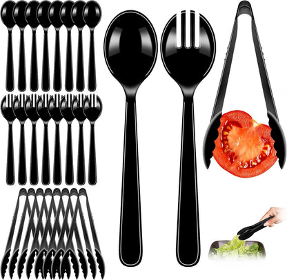 24 Pcs Black Plastic Serving Utensils Set - Heavy Duty Disposable Serving Spoons, Forks & Tongs (8 of Each) - BPA-Free Catering Supplies for Buffets, Parties, Weddings & Events (9 Inch)