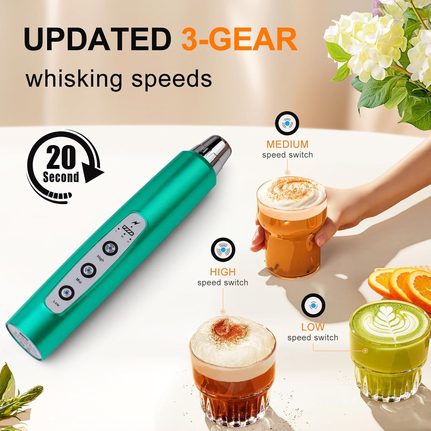 YUSWKO Black Handheld Milk Frother Wand for Coffee, Rechargeable Electric Whisk with 3 Heads 3 Speeds Drink Mixer Coffee Frother For Latte, Cappuccino, Hot Chocolate, Egg