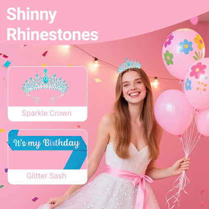Birthday Tiara and Crown with Sash, Birthday Tiara for Women Party Silver
